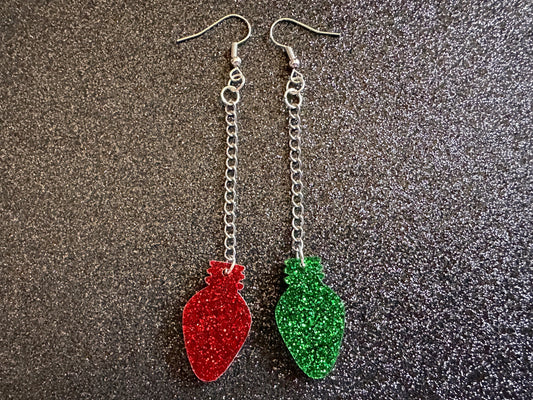 Glittery Christmas Light Earrings: Laser Cut Acrylic Christmas Bulbs, Winter, Festive, Xmas, Green, Holidays, Best Gifts for Her/Him/Them