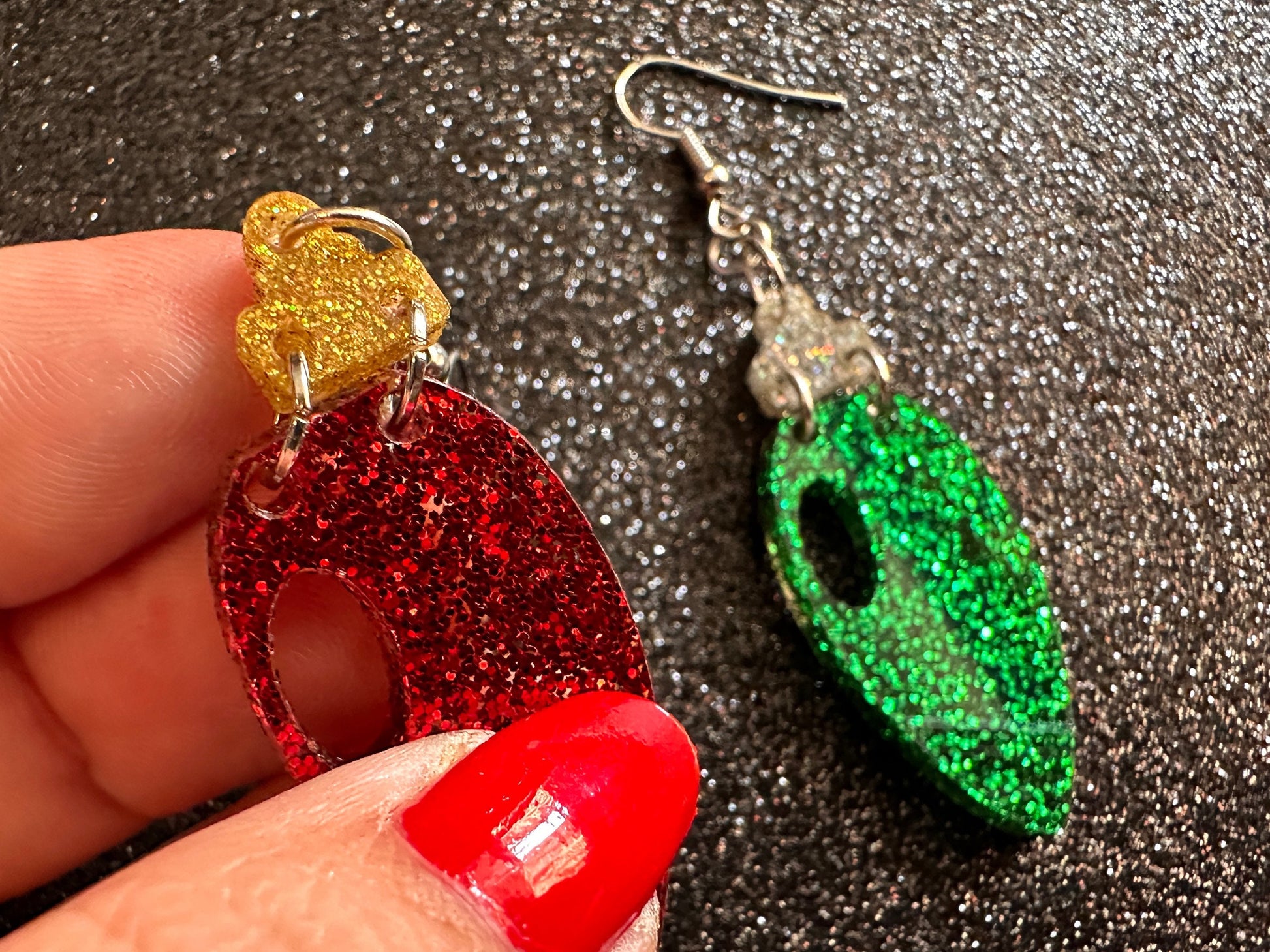 Glittery Christmas Light Earrings: Laser Cut Acrylic Christmas Bulbs, Winter, Festive, Xmas, Green, Holidays, Best Gifts for Her/Him/Them