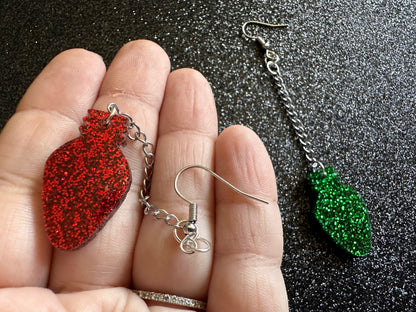 Glittery Christmas Light Earrings: Laser Cut Acrylic Christmas Bulbs, Winter, Festive, Xmas, Green, Holidays, Best Gifts for Her/Him/Them