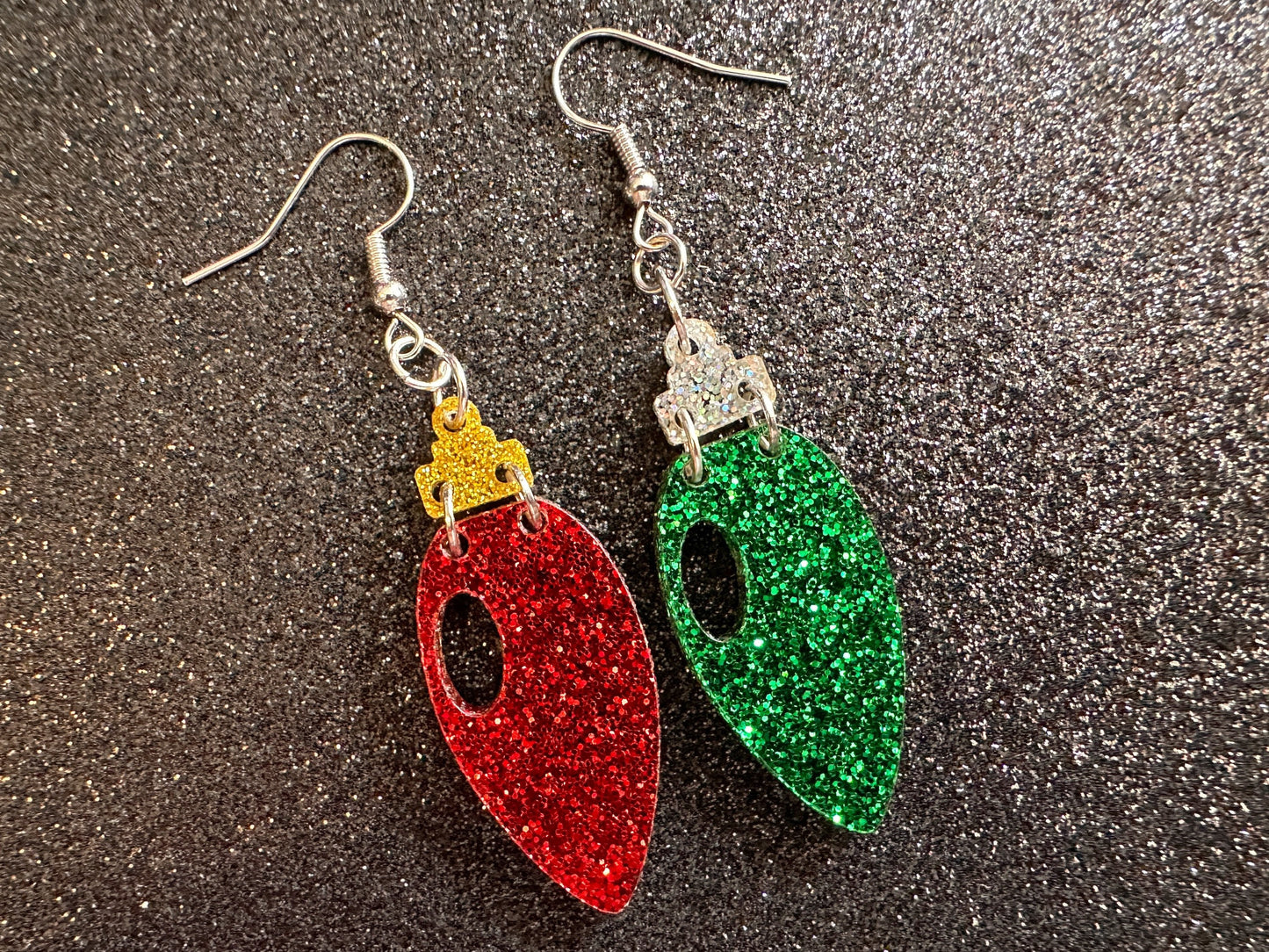 Glittery Christmas Light Earrings: Laser Cut Acrylic Christmas Bulbs, Winter, Festive, Xmas, Green, Holidays, Gifts for Her/Him/Them