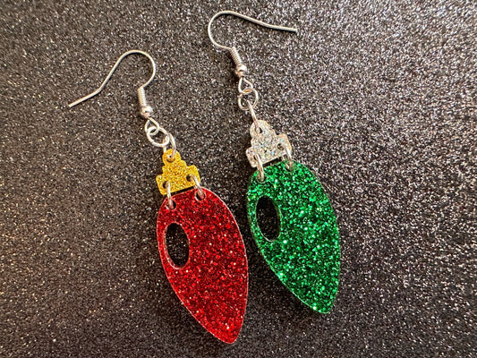 Glittery Christmas Light Earrings: Laser Cut Acrylic Christmas Bulbs, Winter, Festive, Xmas, Green, Holidays, Gifts for Her/Him/Them