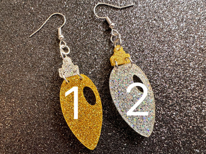 Glittery Christmas Light Earrings: Laser Cut Acrylic Christmas Bulbs, Winter, Festive, Xmas, Green, Holidays, Gifts for Her/Him/Them