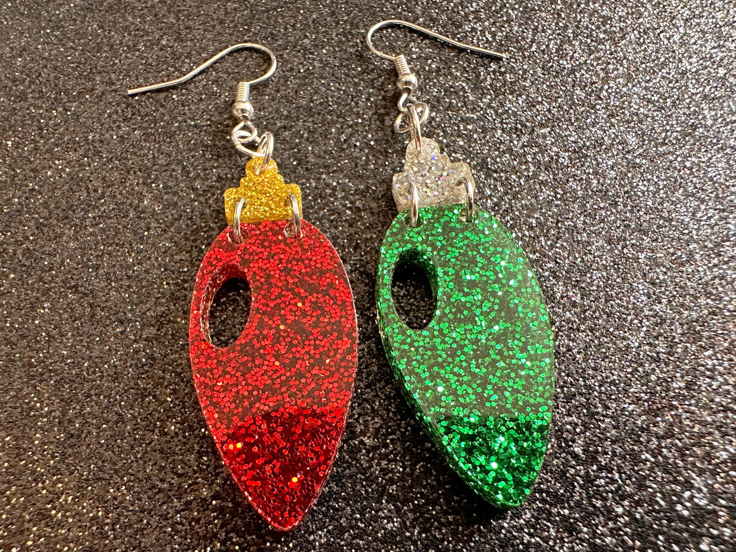 Glittery Christmas Light Earrings: Laser Cut Acrylic Christmas Bulbs, Winter, Festive, Xmas, Green, Holidays, Gifts for Her/Him/Them