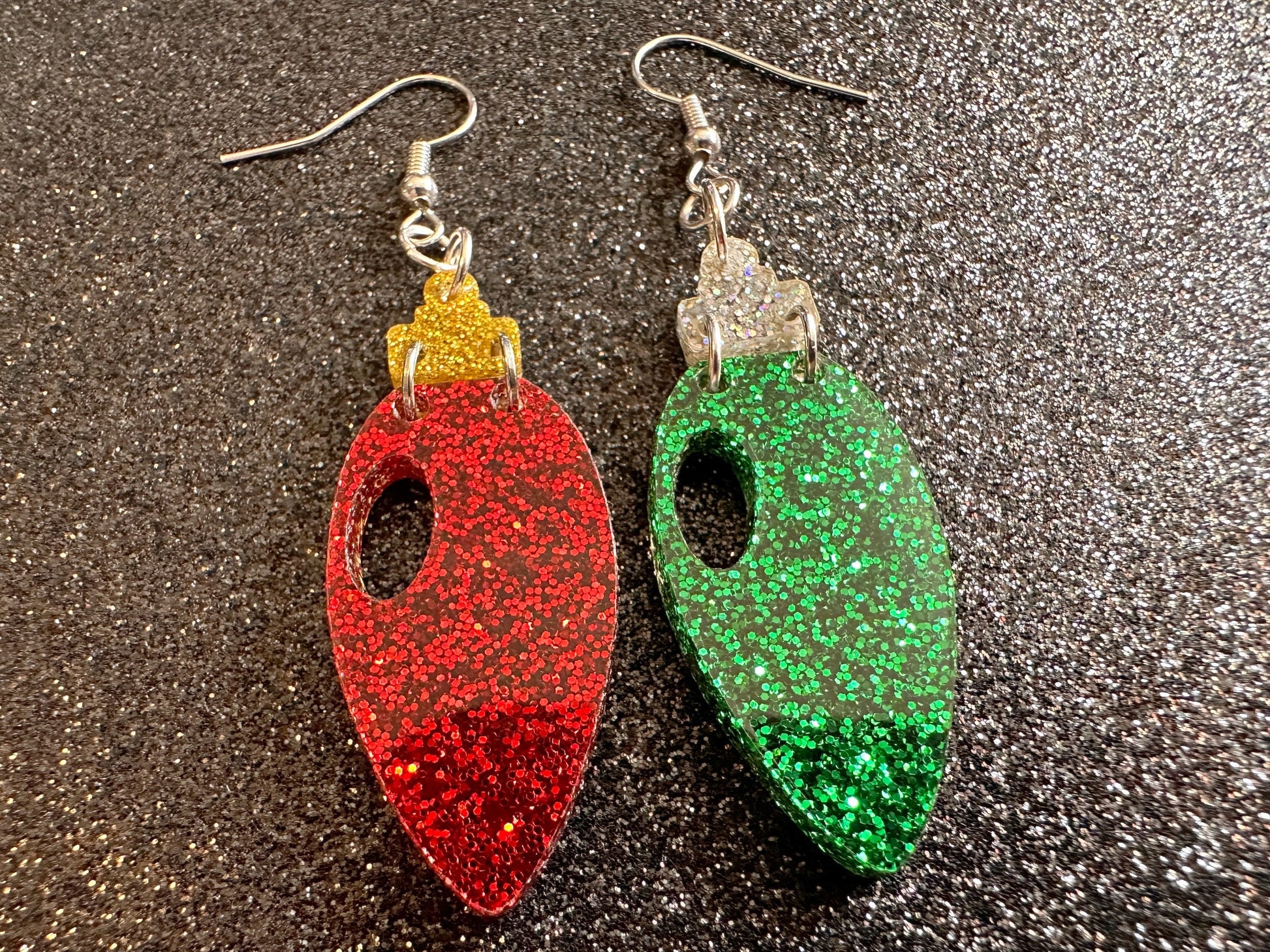 Glittery Christmas Light Earrings: Laser Cut Acrylic Christmas Bulbs, Winter, Festive, Xmas, Green, Holidays, Gifts for Her/Him/Them