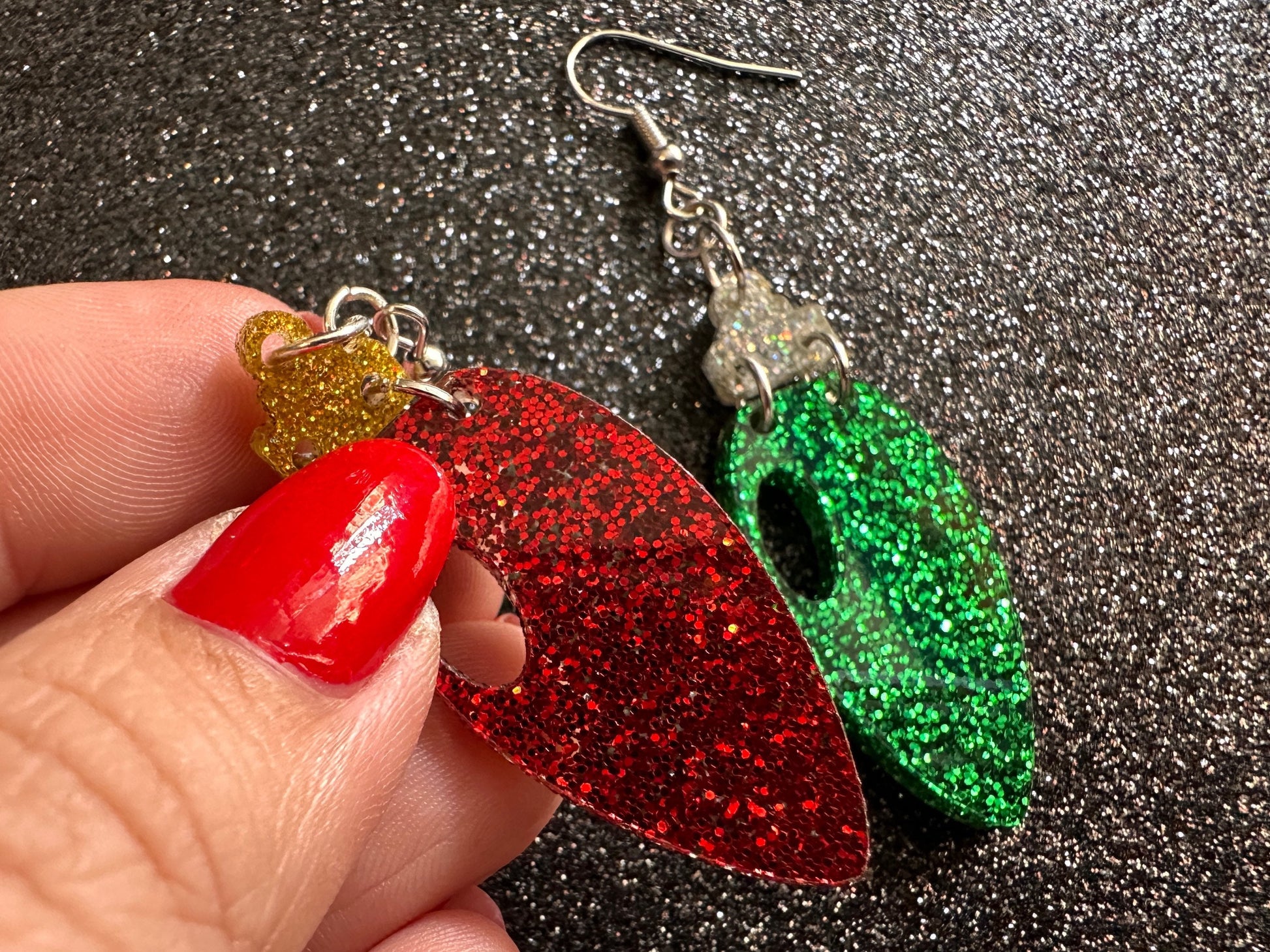 Glittery Christmas Light Earrings: Laser Cut Acrylic Christmas Bulbs, Winter, Festive, Xmas, Green, Holidays, Gifts for Her/Him/Them