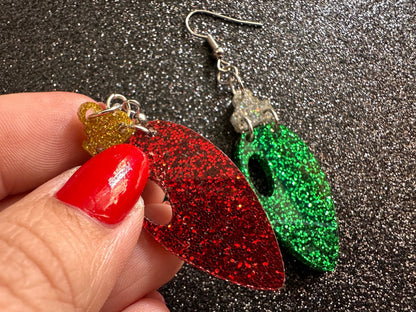 Glittery Christmas Light Earrings: Laser Cut Acrylic Christmas Bulbs, Winter, Festive, Xmas, Green, Holidays, Gifts for Her/Him/Them