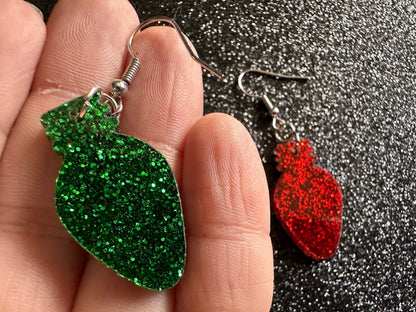 Glittery Christmas Light Earrings: Laser Cut Acrylic Christmas, Winter, Festive, Xmas, Green Earrings, Holidays, Gifts for Her/Him/Them