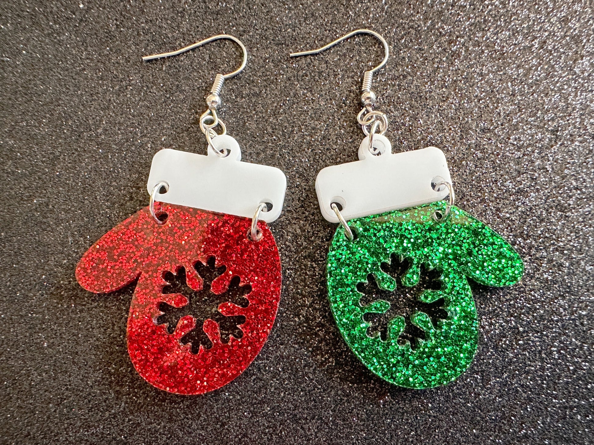 Glittery Christmas Mitten Earrings: Laser Cut Acrylic Xmas Earrings, Snow Gloves, Snowflakes, Snow, Mittens, Best Gifts for Her/Him/Them