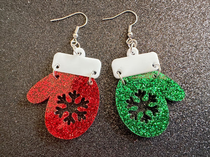 Glittery Christmas Mitten Earrings: Laser Cut Acrylic Xmas Earrings, Snow Gloves, Snowflakes, Snow, Mittens, Best Gifts for Her/Him/Them