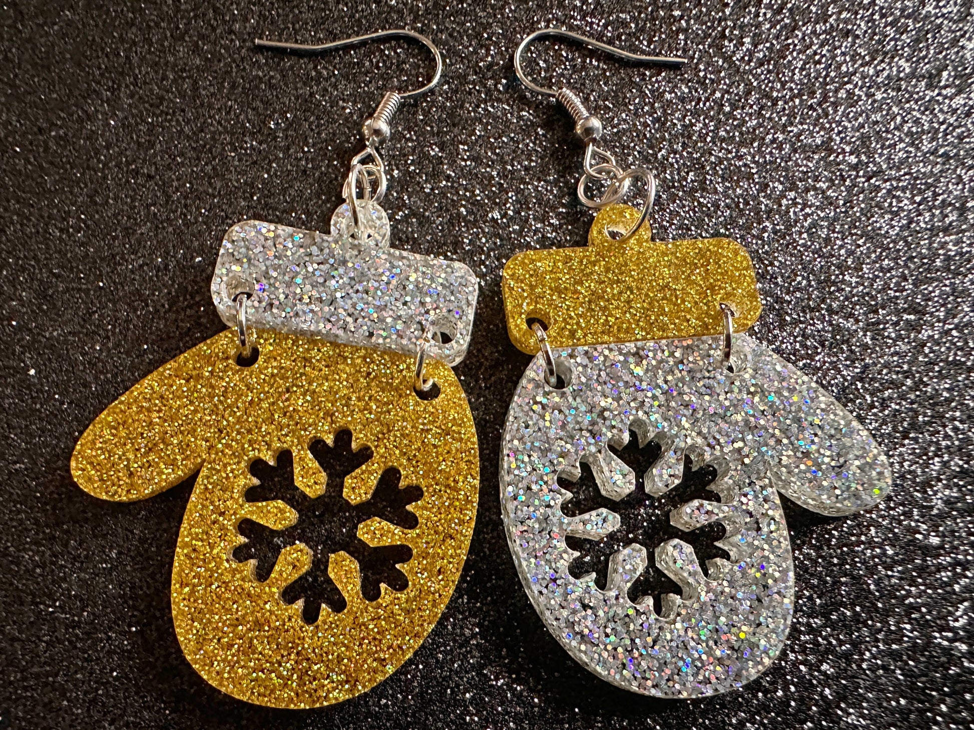 Glittery Christmas Mitten Earrings: Laser Cut Acrylic Xmas Earrings, Snow Gloves, Snowflakes, Snow, Mittens, Best Gifts for Her/Him/Them