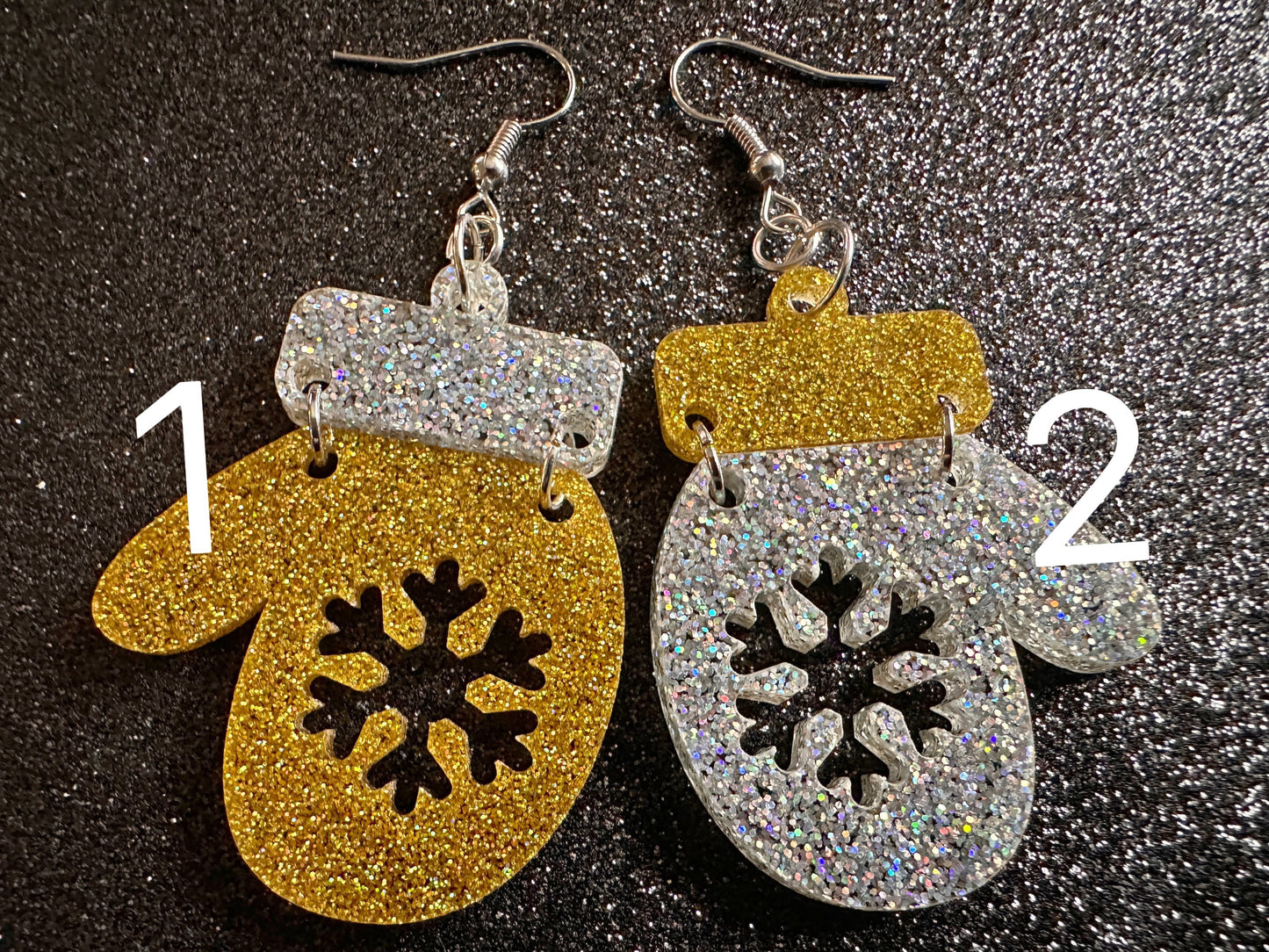 Glittery Christmas Mitten Earrings: Laser Cut Acrylic Xmas Earrings, Snow Gloves, Snowflakes, Snow, Mittens, Best Gifts for Her/Him/Them
