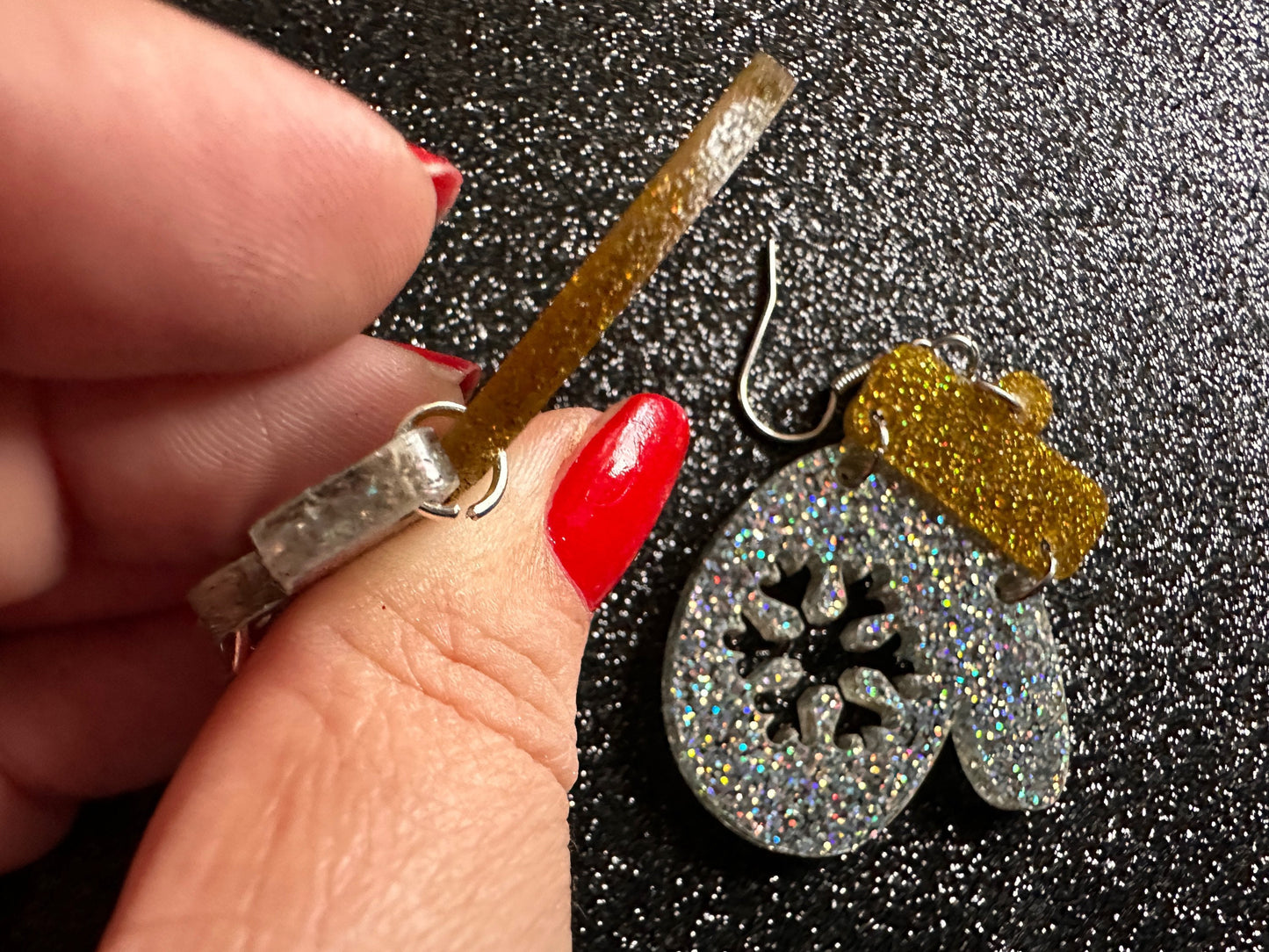 Glittery Christmas Mitten Earrings: Laser Cut Acrylic Xmas Earrings, Snow Gloves, Snowflakes, Snow, Mittens, Best Gifts for Her/Him/Them