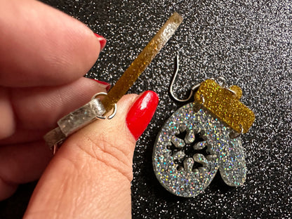 Glittery Christmas Mitten Earrings: Laser Cut Acrylic Xmas Earrings, Snow Gloves, Snowflakes, Snow, Mittens, Best Gifts for Her/Him/Them