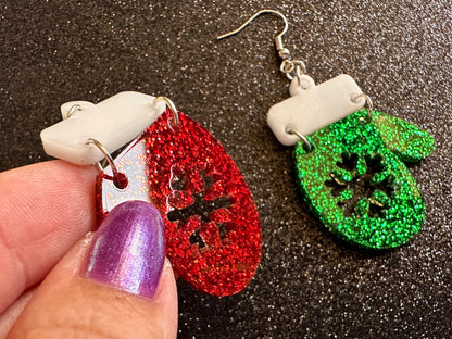 Glittery Christmas Mitten Earrings: Laser Cut Acrylic Xmas Earrings, Snow Gloves, Snowflakes, Snow, Mittens, Best Gifts for Her/Him/Them