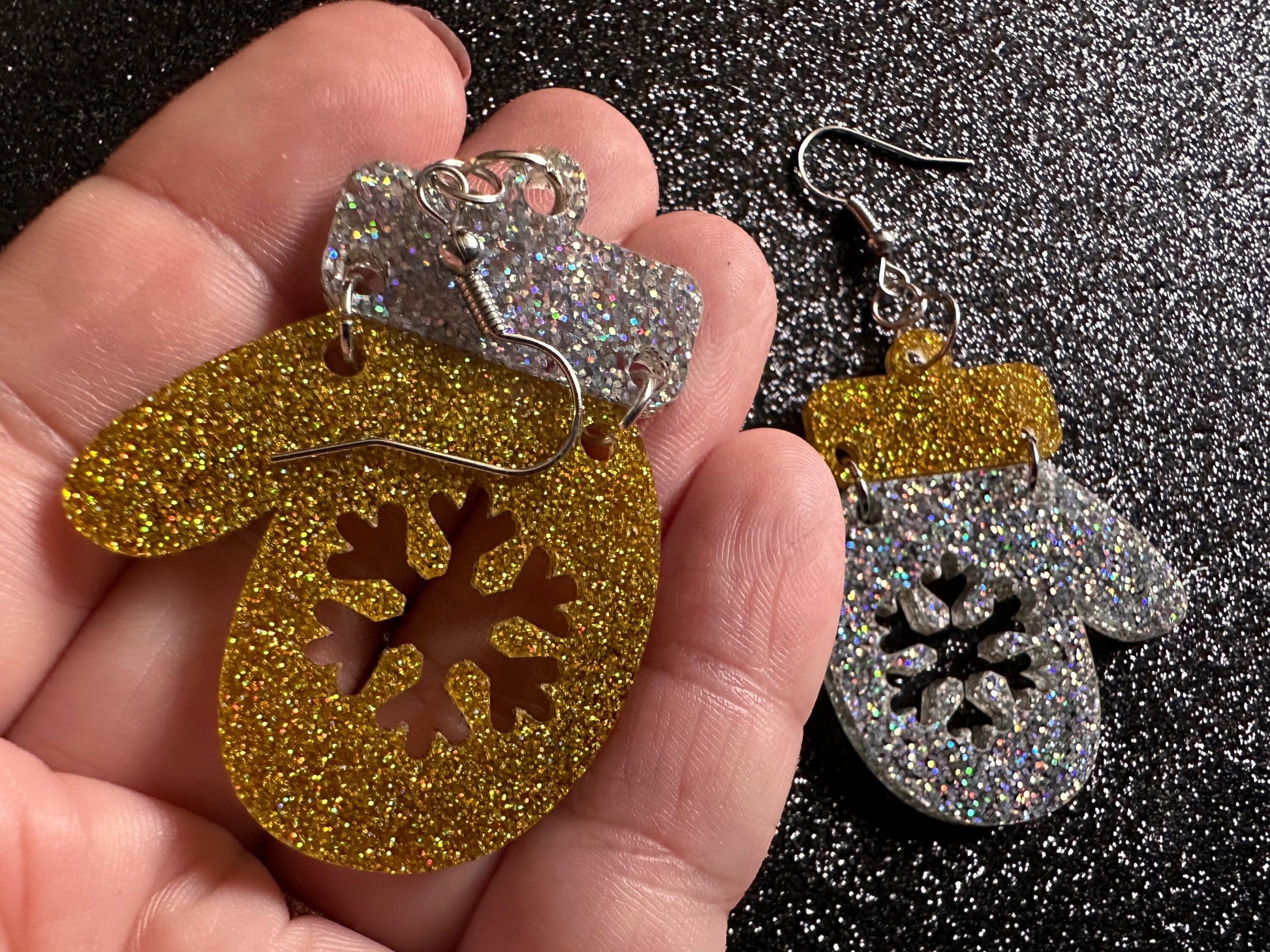 Glittery Christmas Mitten Earrings: Laser Cut Acrylic Xmas Earrings, Snow Gloves, Snowflakes, Snow, Mittens, Best Gifts for Her/Him/Them