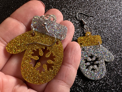 Glittery Christmas Mitten Earrings: Laser Cut Acrylic Xmas Earrings, Snow Gloves, Snowflakes, Snow, Mittens, Best Gifts for Her/Him/Them