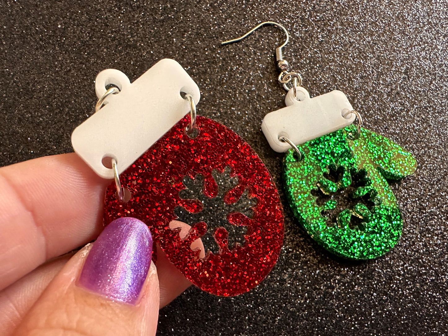 Glittery Christmas Mitten Earrings: Laser Cut Acrylic Xmas Earrings, Snow Gloves, Snowflakes, Snow, Mittens, Best Gifts for Her/Him/Them
