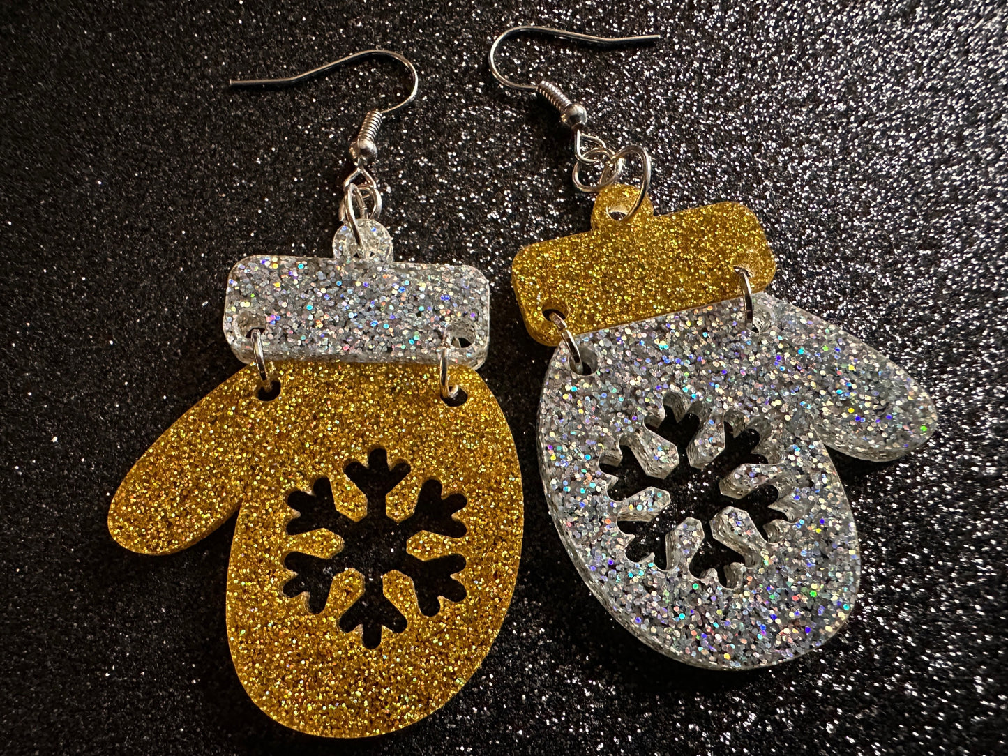 Glittery Christmas Mitten Earrings: Laser Cut Acrylic Xmas Earrings, Snow Gloves, Snowflakes, Snow, Mittens, Best Gifts for Her/Him/Them