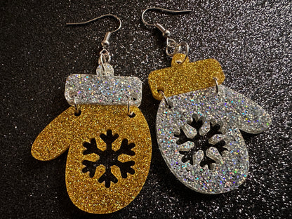 Glittery Christmas Mitten Earrings: Laser Cut Acrylic Xmas Earrings, Snow Gloves, Snowflakes, Snow, Mittens, Best Gifts for Her/Him/Them