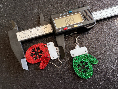 Glittery Christmas Mitten Earrings: Laser Cut Acrylic Xmas Earrings, Snow Gloves, Snowflakes, Snow, Mittens, Best Gifts for Her/Him/Them