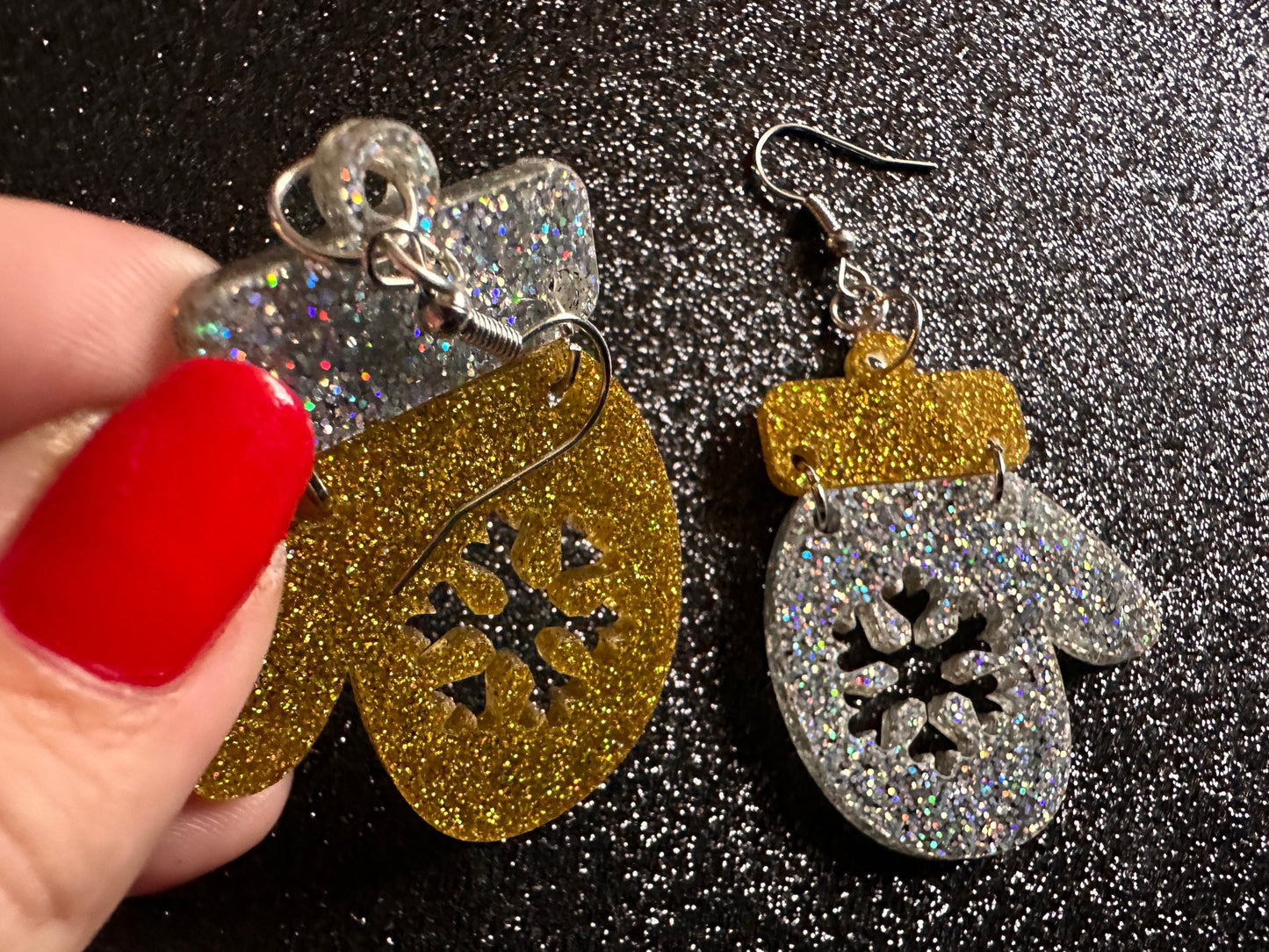 Glittery Christmas Mitten Earrings: Laser Cut Acrylic Xmas Earrings, Snow Gloves, Snowflakes, Snow, Mittens, Best Gifts for Her/Him/Them