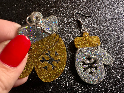 Glittery Christmas Mitten Earrings: Laser Cut Acrylic Xmas Earrings, Snow Gloves, Snowflakes, Snow, Mittens, Best Gifts for Her/Him/Them