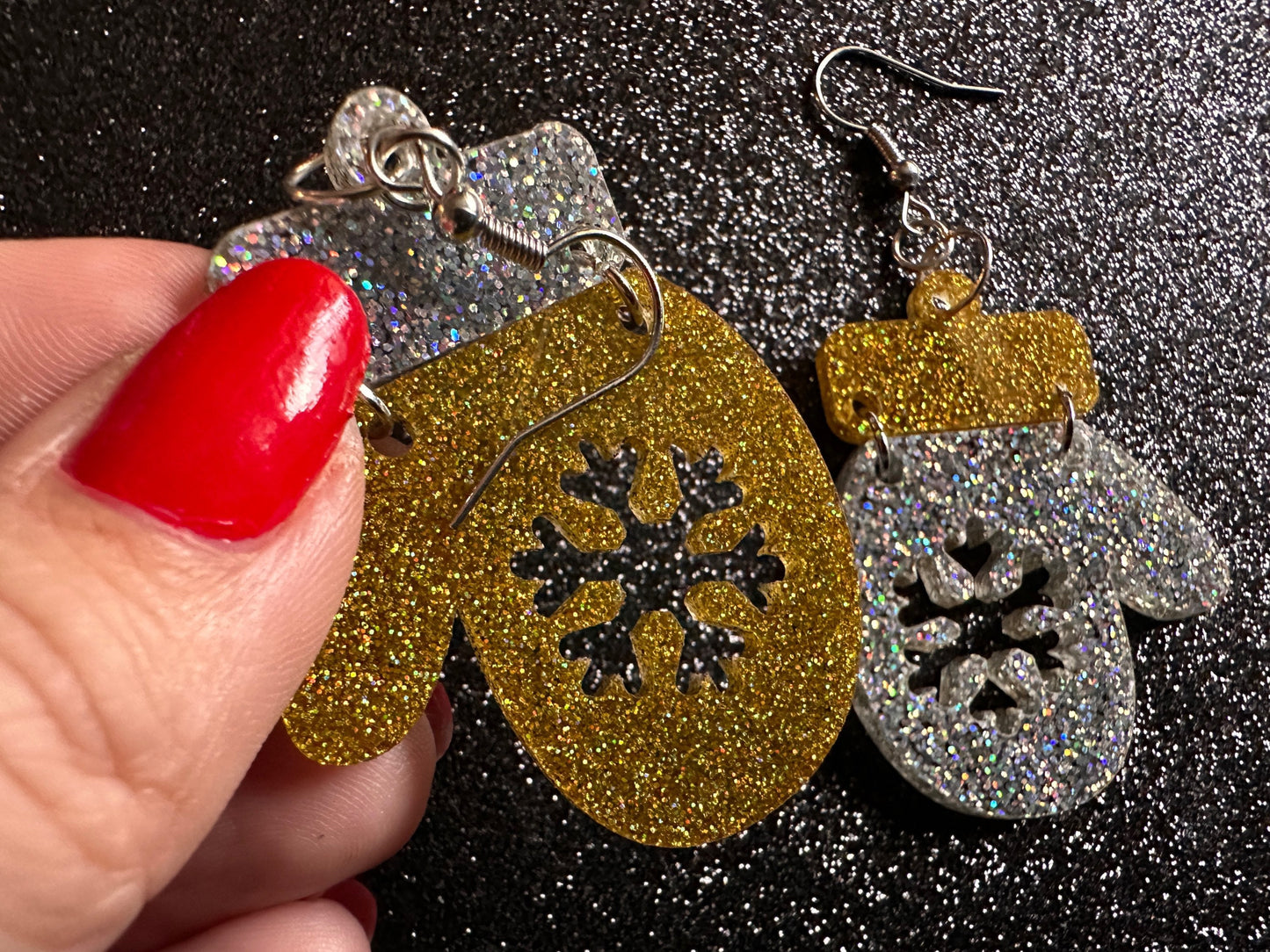 Glittery Christmas Mitten Earrings: Laser Cut Acrylic Xmas Earrings, Snow Gloves, Snowflakes, Snow, Mittens, Best Gifts for Her/Him/Them