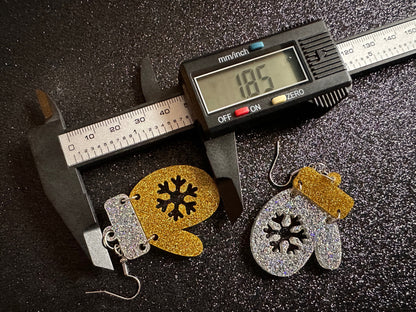 Glittery Christmas Mitten Earrings: Laser Cut Acrylic Xmas Earrings, Snow Gloves, Snowflakes, Snow, Mittens, Best Gifts for Her/Him/Them