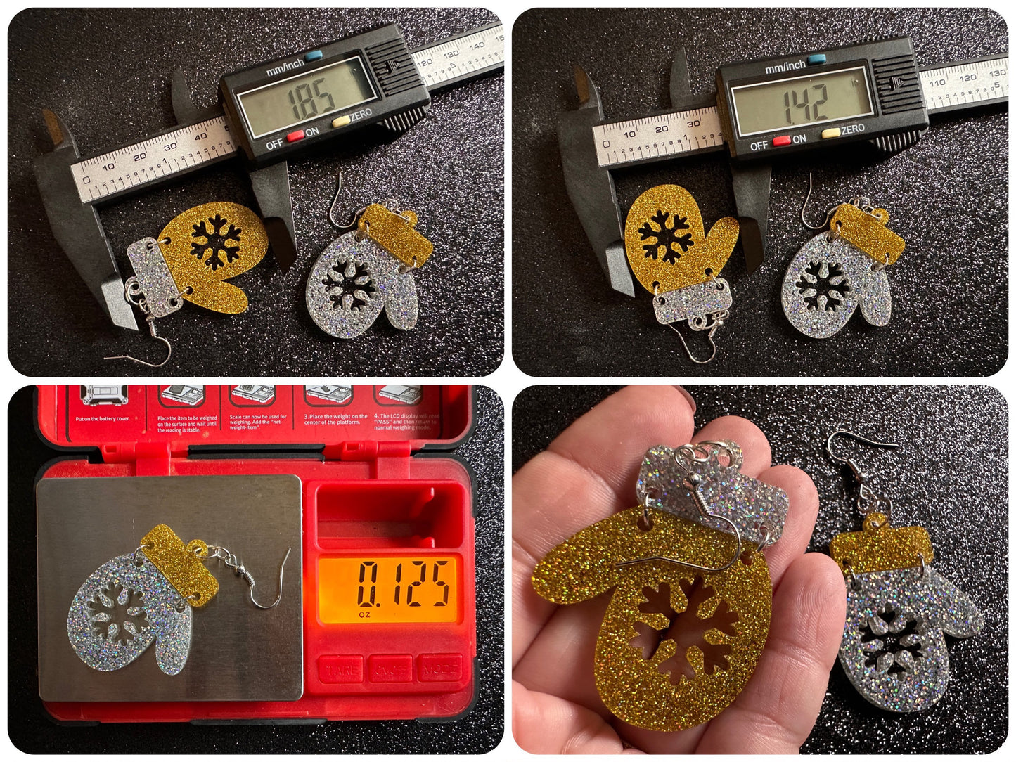 Glittery Christmas Mitten Earrings: Laser Cut Acrylic Xmas Earrings, Snow Gloves, Snowflakes, Snow, Mittens, Best Gifts for Her/Him/Them