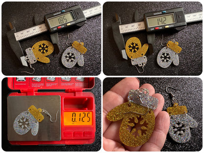 Glittery Christmas Mitten Earrings: Laser Cut Acrylic Xmas Earrings, Snow Gloves, Snowflakes, Snow, Mittens, Best Gifts for Her/Him/Them