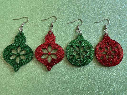 Glittery Christmas Ornament Earrings: Laser Cut Acrylic Christmas Ornaments, Baubles, Xmas, Festive, Holiday, Gifts for Her/Him/Them