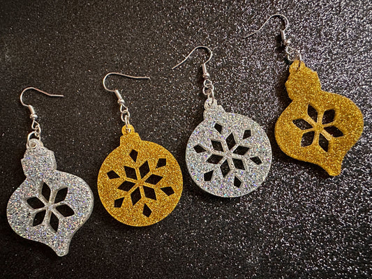 Glittery Christmas Ornament Earrings: Laser Cut Acrylic Christmas Ornaments, Baubles, Xmas, Festive, Holiday, Gifts for Her/Him/Them