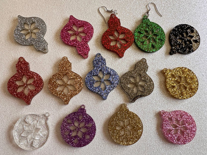 Glittery Christmas Ornament Earrings: Laser Cut Acrylic Christmas Ornaments, Baubles, Xmas, Festive, Holiday, Gifts for Her/Him/Them