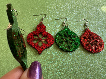 Glittery Christmas Ornament Earrings: Laser Cut Acrylic Christmas Ornaments, Baubles, Xmas, Festive, Holiday, Gifts for Her/Him/Them
