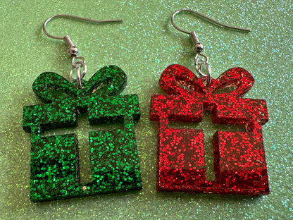 Glittery Christmas Present Earrings: Laser Cut Acrylic Presents, Xmas, X-mas, Birthday, Best Gifts for Her/Him/Them