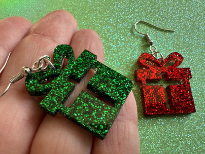 Glittery Christmas Present Earrings: Laser Cut Acrylic Presents, Xmas, X-mas, Birthday, Best Gifts for Her/Him/Them