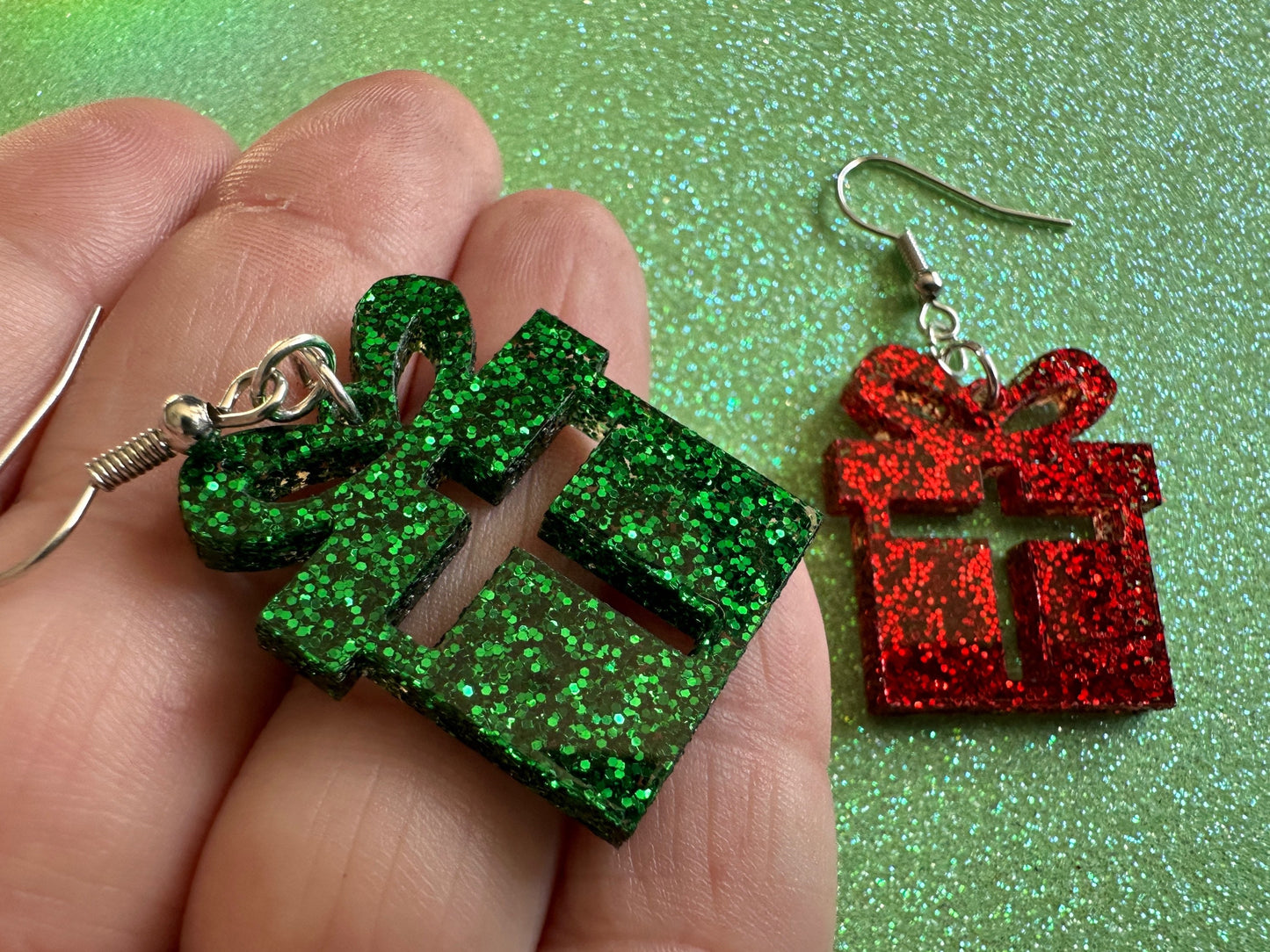 Glittery Christmas Present Earrings: Laser Cut Acrylic Presents, Xmas, X-mas, Birthday, Best Gifts for Her/Him/Them