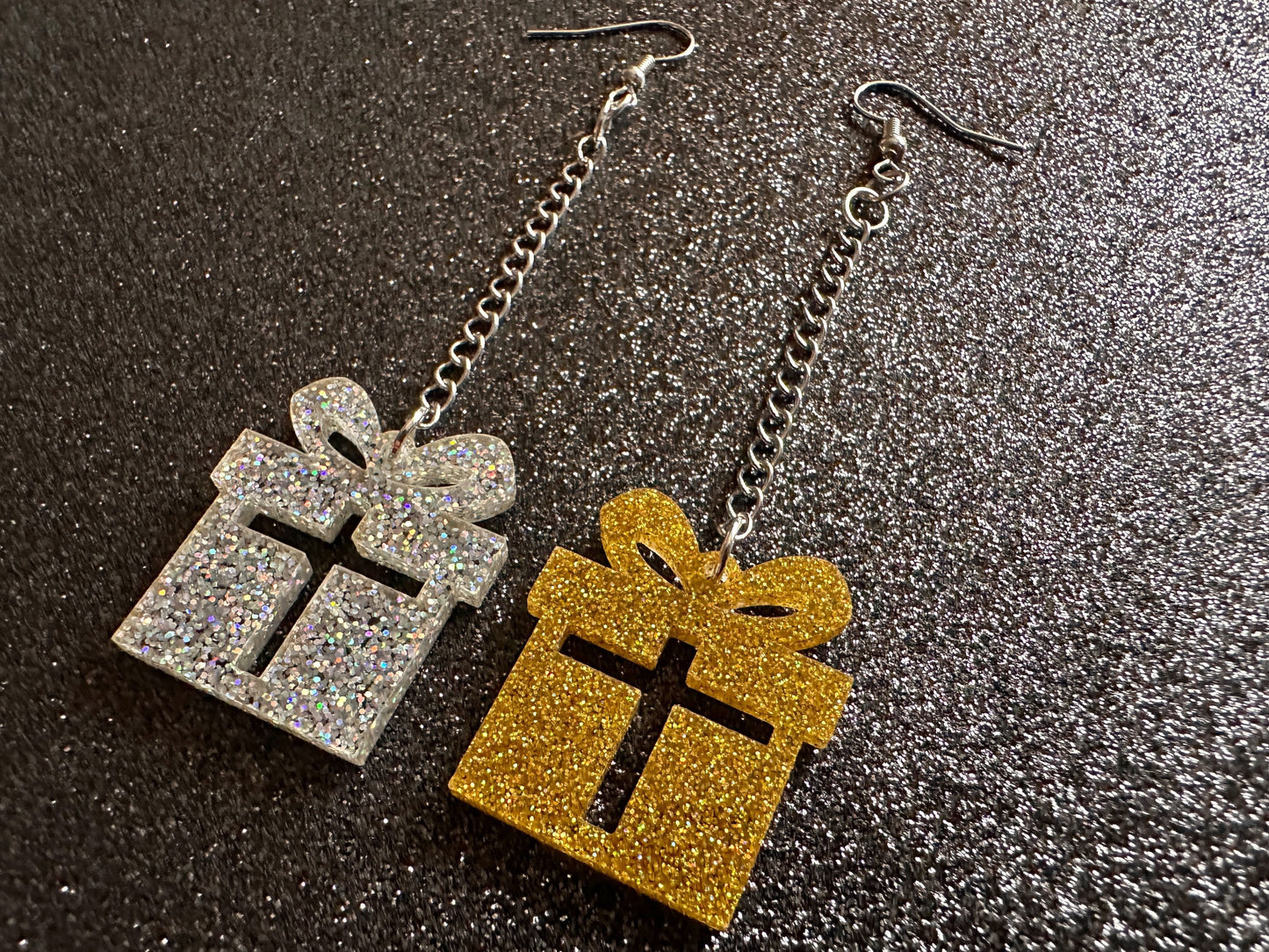 Glittery Christmas Present Earrings: Laser Cut Acrylic Presents, Xmas, X-mas, Gift, Present with Bow, Birthday, Gifts for Her/Him/Them
