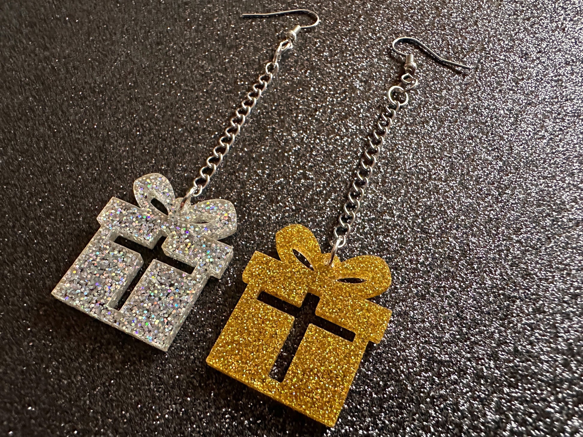 Glittery Christmas Present Earrings: Laser Cut Acrylic Presents, Xmas, X-mas, Gift, Present with Bow, Birthday, Gifts for Her/Him/Them