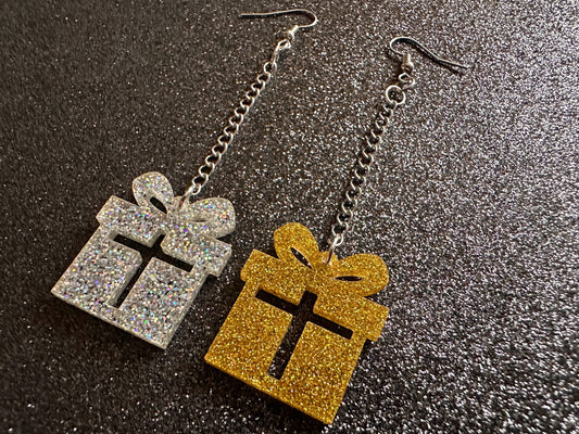 Glittery Christmas Present Earrings: Laser Cut Acrylic Presents, Xmas, X-mas, Gift, Present with Bow, Birthday, Gifts for Her/Him/Them