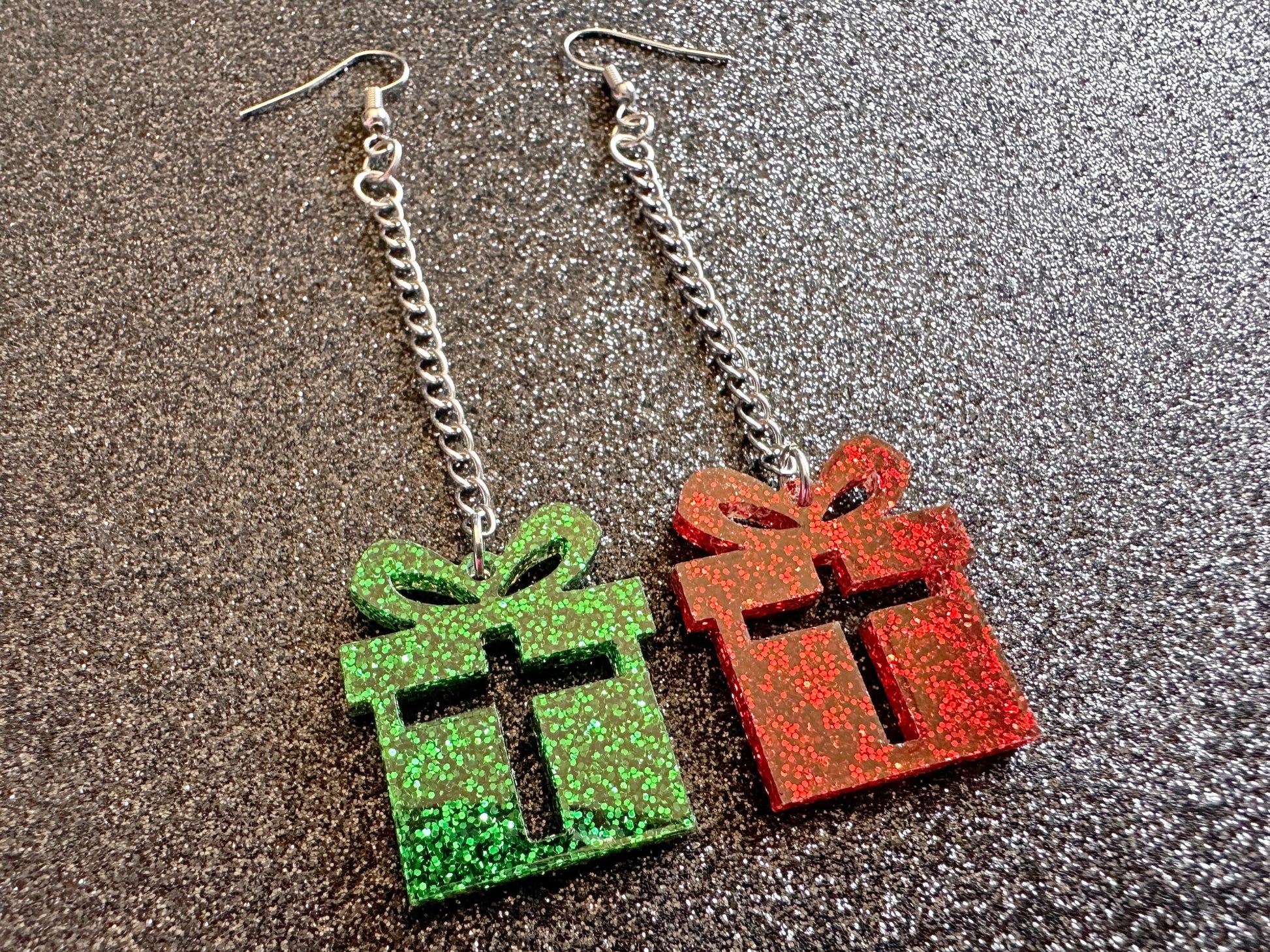 Glittery Christmas Present Earrings: Laser Cut Acrylic Presents, Xmas, X-mas, Gift, Present with Bow, Birthday, Gifts for Her/Him/Them