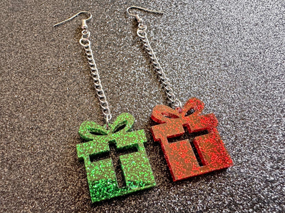 Glittery Christmas Present Earrings: Laser Cut Acrylic Presents, Xmas, X-mas, Gift, Present with Bow, Birthday, Gifts for Her/Him/Them