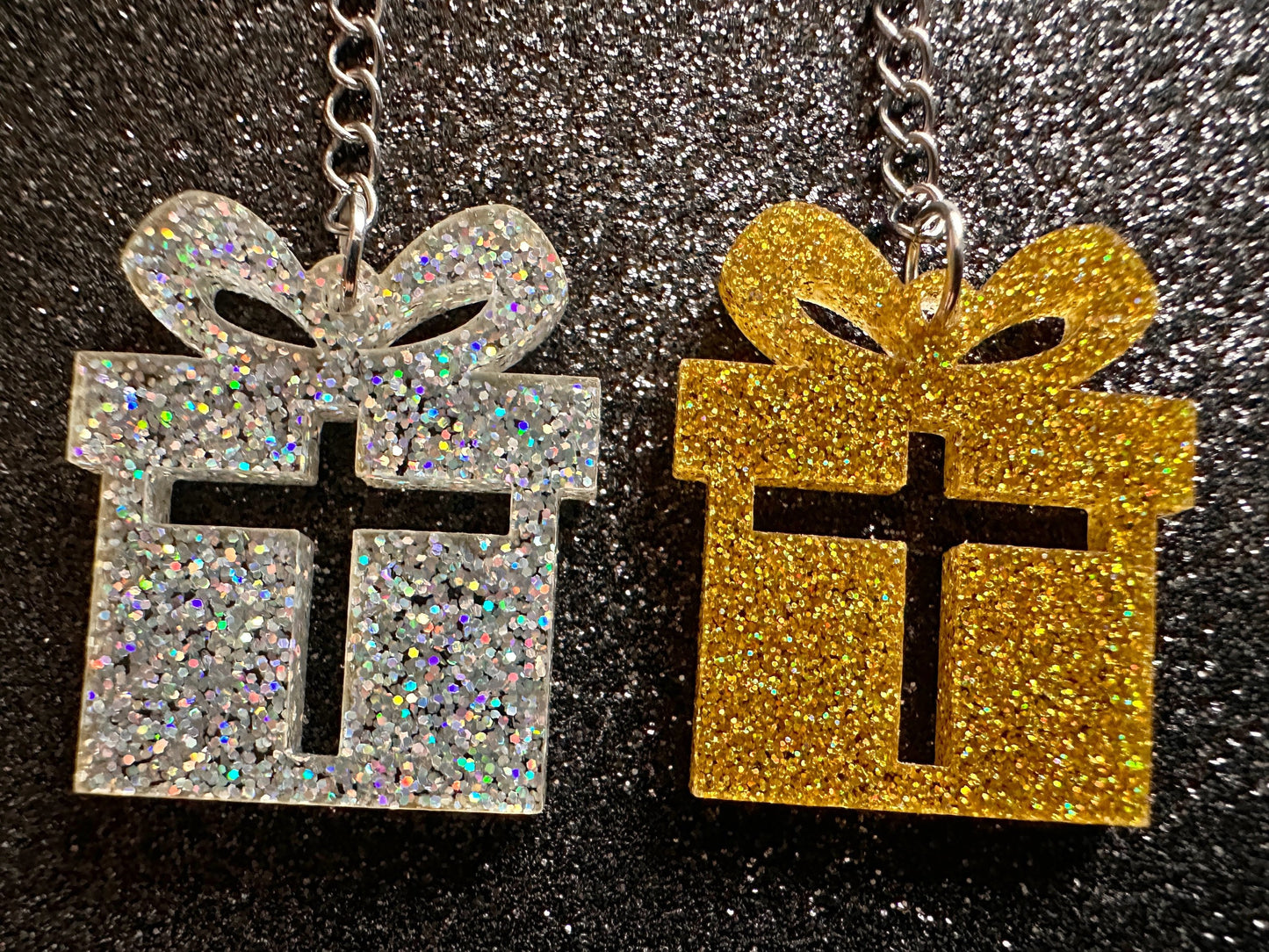 Glittery Christmas Present Earrings: Laser Cut Acrylic Presents, Xmas, X-mas, Gift, Present with Bow, Birthday, Gifts for Her/Him/Them