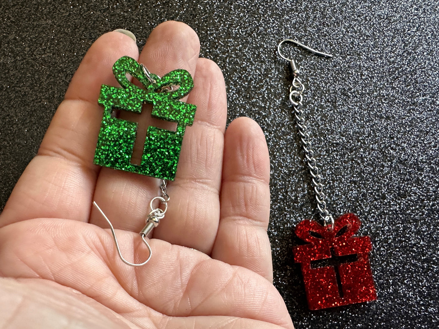 Glittery Christmas Present Earrings: Laser Cut Acrylic Presents, Xmas, X-mas, Gift, Present with Bow, Birthday, Gifts for Her/Him/Them