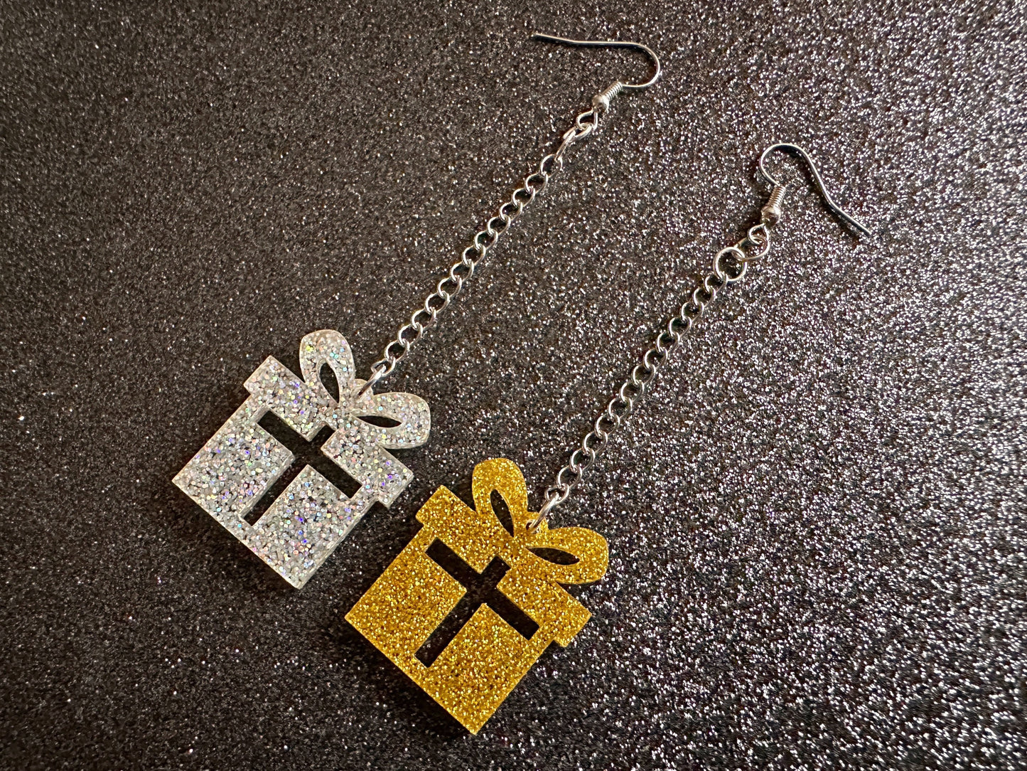 Glittery Christmas Present Earrings: Laser Cut Acrylic Presents, Xmas, X-mas, Gift, Present with Bow, Birthday, Gifts for Her/Him/Them