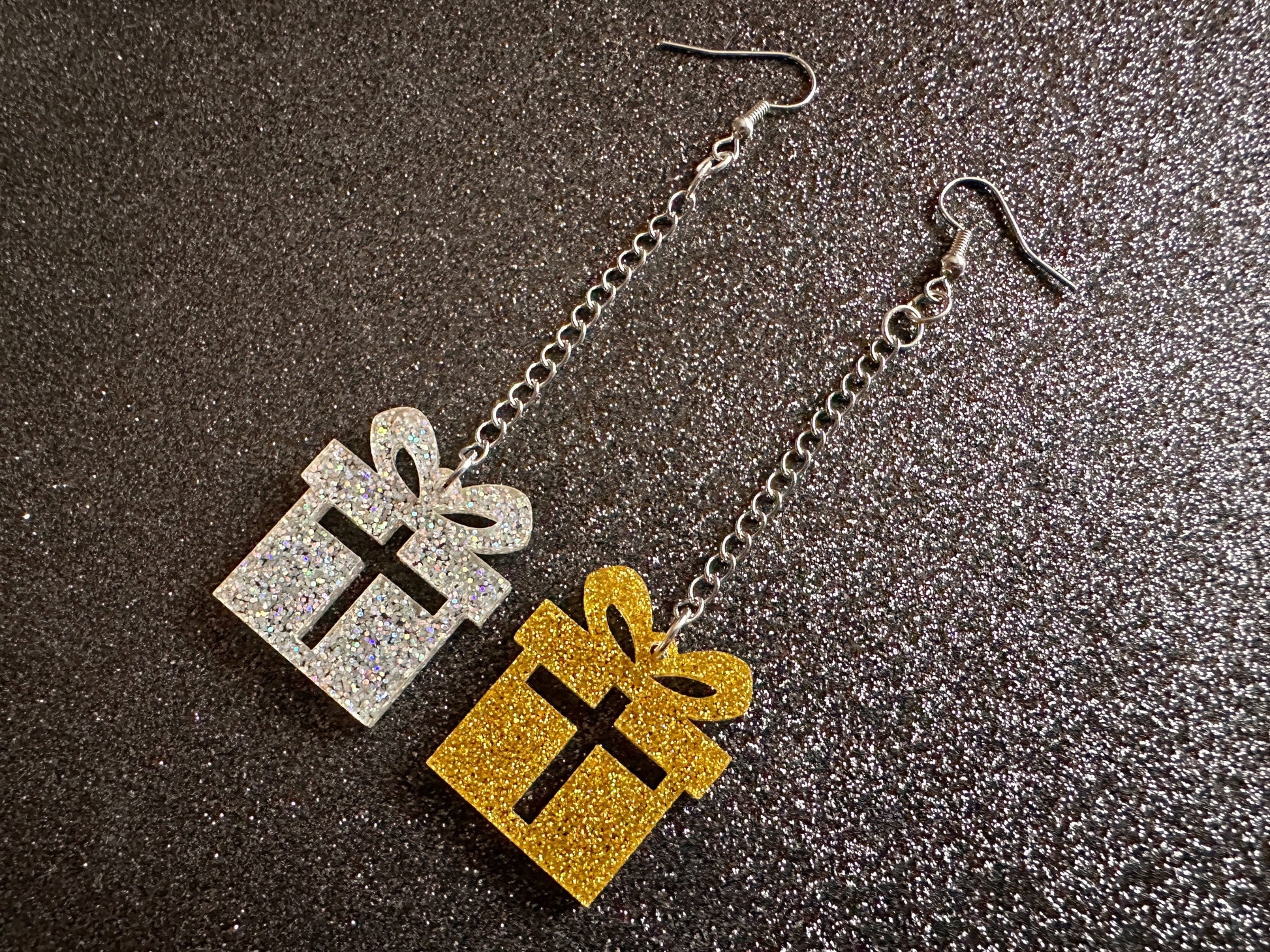 Glittery Christmas Present Earrings: Laser Cut Acrylic Presents, Xmas, X-mas, Gift, Present with Bow, Birthday, Gifts for Her/Him/Them