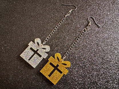 Glittery Christmas Present Earrings: Laser Cut Acrylic Presents, Xmas, X-mas, Gift, Present with Bow, Birthday, Gifts for Her/Him/Them