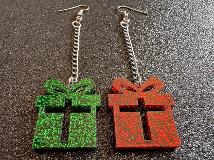 Glittery Christmas Present Earrings: Laser Cut Acrylic Presents, Xmas, X-mas, Gift, Present with Bow, Birthday, Gifts for Her/Him/Them