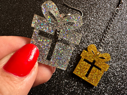 Glittery Christmas Present Earrings: Laser Cut Acrylic Presents, Xmas, X-mas, Gift, Present with Bow, Birthday, Gifts for Her/Him/Them