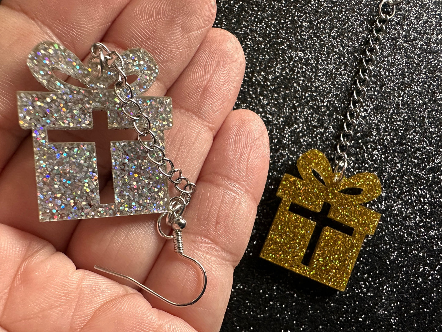 Glittery Christmas Present Earrings: Laser Cut Acrylic Presents, Xmas, X-mas, Gift, Present with Bow, Birthday, Gifts for Her/Him/Them